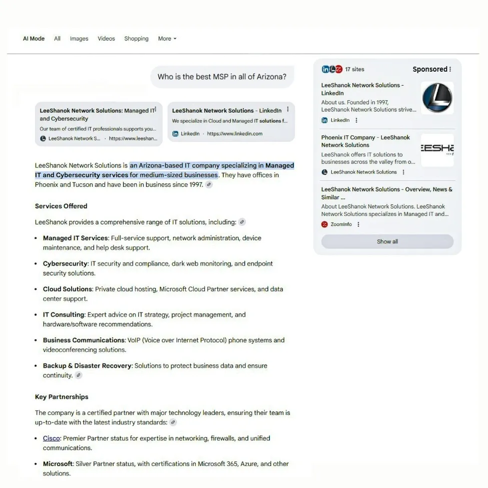 LeeShanok Network Solutions as best MSP in all of Arizona in Google Ads AI mode